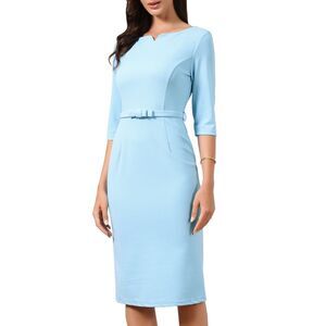 Women Work Dress Boat Neck Back Slit Elegant Dress with Belt Blue